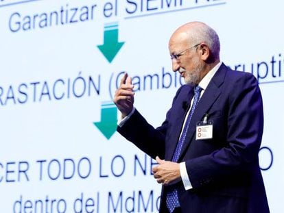 El presidente de Mercadona, Juan Roig, durante su intervención en el congreso anual de la Asociación de Empresas del Gran Consumo (Aecoc).