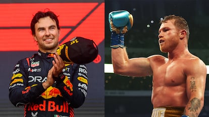 Combo de imágenes de Checo Pérez, piloto de Fórmula 1, y Saúl 'Canelo' Álvarez, boxeador.