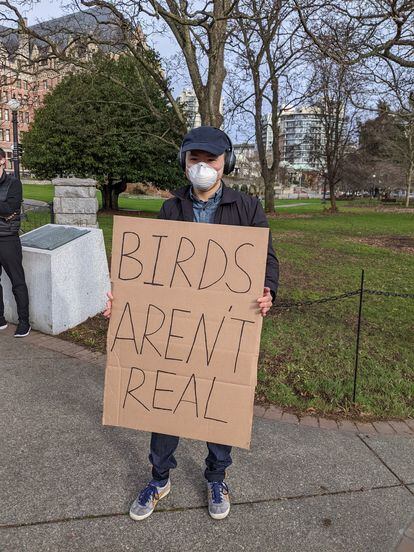 Uno de los manifestantes del movimiento 'Birds Aren't Real' en una manifestación organizada esta misma semana en Vancouver.