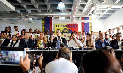 Juan Guaidó, este lunes durante una comparecencia con ocasión del quinto aniversario de la detención de Leopoldo López.