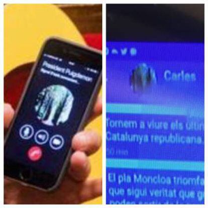 Imágenes de las fotos de Whatsapp de Carles Puigdemont y de Signal del mensaje recibido por Toni Comín.