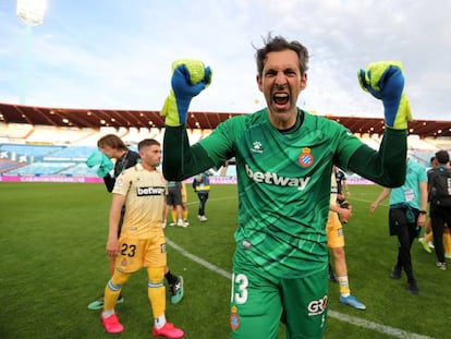 El meta Diego López celebra el ascenso del equipo perico el pasado 8 de mayo.