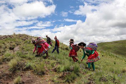Soledad Secca (primera de la derecha), indígena que promueve el quechua, camina junto a otras personas en Cusco, Perú.