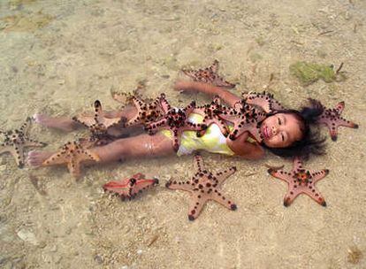 Una niña juega con estrellas de mar en Starfish Island, cerca de Puerto Princesa (Filipinas)