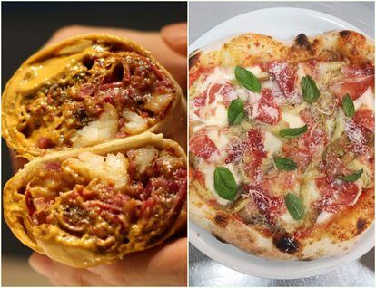 Burro gobernador de El cartel de Mawey (izquierda) y Pizza de Lettera Pizzería Moderna.