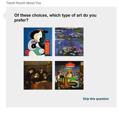 Una de las cuestiones de la <i>web</i> Hunch para resolver dilemas. El texto en inglés pregunta: "Entre estas opciones, ¿qué tipo de arte prefiere?".