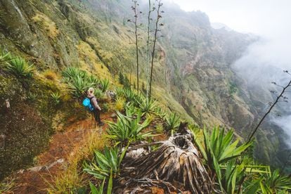 Santo Antao island at Cabo Verde. Female traveler staying on the cove volcano edge above the foggy green valley overgrown with agave plants.