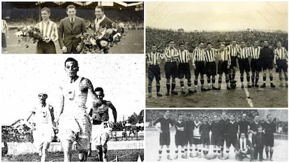 De izquierda a derecha y de arriba abajo, el capitán del Athletic de Bilbao y del Racing de París, Manuel Anatol (a la derecha), con el boxeador Paulino Uzcudun (en el centro), durante un amistoso en 1930 (Archivo Athletic Club Museo); alineación del Athletic, durante un partido contra el Arenas de Getxo en 1927. Anatol es el cuarto desde la derecha (Archivo Athletic Club Museo); Anatol, semitapado, con camiseta oscura y el dorsal 38, durante el campeonato de España de Atletismo en 1923 (cedida por la Federación Española de Atletismo), y formación del Real Unión de Irún que ganó la Copa del Rey en 1924. Anatol es el séptimo por la izquierda (cedida por Carlos Fernández de Casadevante).