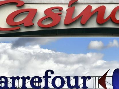 Montaje con los logos de las cadenas Casino (arriba) y Carrefour (debajo).