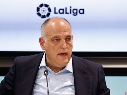 El presidente de La Liga en una rueda de prensa, Javier Tebas, en Madrid.