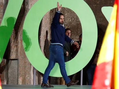 El líder de Vox, Santiago Abascal, en un mitin el viernes en Madrid.
