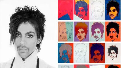 A la izquierda, la fotografía de Lynn Goldsmith de Prince que Andy Warhol utilizó en su serie sobre el cantante (a la derecha).