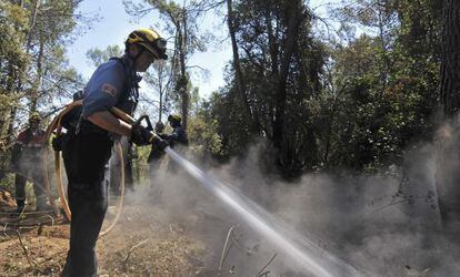 Un bombero remoja un &aacute;rea caliente del bosque afectado por el incendio de Madremanya.