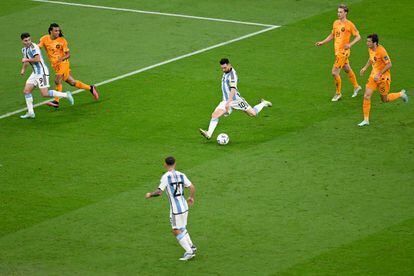 Lionel Messi shoots on goal once in the first half of the Netherlands-Argentina game. 