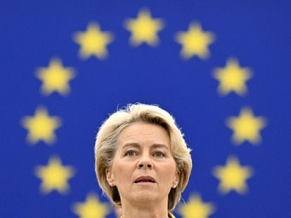 La presidenta de la Comisión Europea, Ursula von der Leyen, durante el discurso del Estado de la Unión, este miércoles en Estrasburgo.