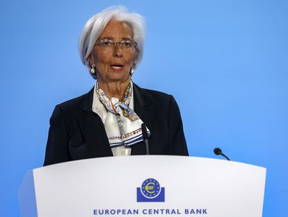 La presidenta del BCE, Christine Lagarde, en rueda de prensa en Francfort.