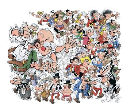 El dibujante Francisco Ibáñez caricaturizado junto a todos sus personajes. 