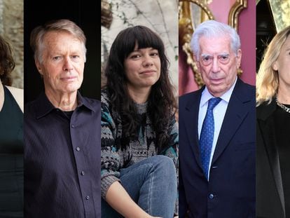 De izquierda a derecha, los escritores Guadalupe Nettel, Jean-Marie Gustave Le Clézio, Elisa Victoria, Mario Vargas Llosa y Virginie Despentes.