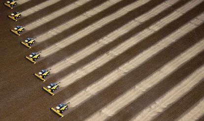 Foto aérea de varias cosechadoras trabajando en un campo de soja en la granja Delta de Correntina (Brasil).