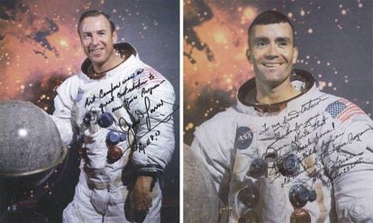 Fotografías autografiadas de los astronautas del Apolo 13 Jim Lovell y Fred Haise, dirigidas a Arturo Campos. 