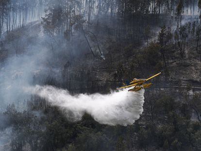 Un avión participa en las operaciones de extinción de incendios en Espite en Ourem (Portugal), este miércoles.