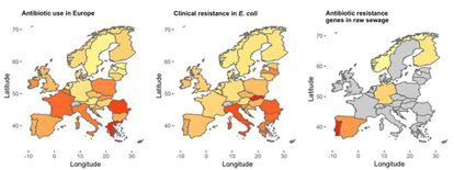 A la izquierda, uso de antibióticos en Europa (a más rojo, más consumo). En el centro mapa de la 'E. coli' resistente en el ámbito clínico. A la derecha, los países con plantas estudiadas.