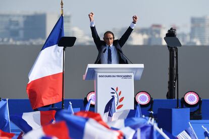 French presidential candidate Eric Zemmour at a campaign rally in Paris' Trocadero square on March 27.