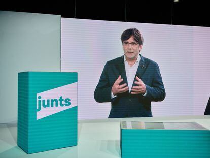 Carles Puigdemont en una intervención virtual en el congreso fundacional de Junts.