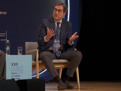 El presidente de la CEOE, Antonio Garamendi, durante la inauguración del Congreso de Directivos CEDE.