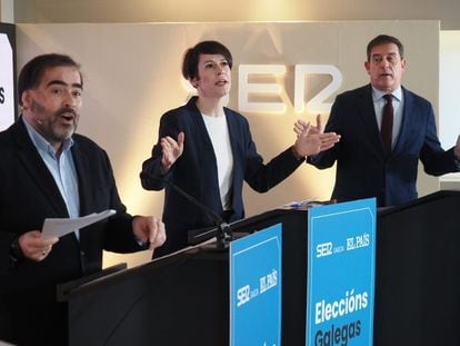 Alberto Pazos (PP), Ana Pontón (BNG) y José Ramón Gómez Besteiro (PSOE), este viernes durante el debate electoral de EL PAÍS y la Cadena SER.
