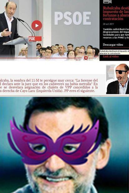 Captura de pantalla de la web de Rubalcaba (arriba) y foto de perfil de @moedetriana en Twitter.