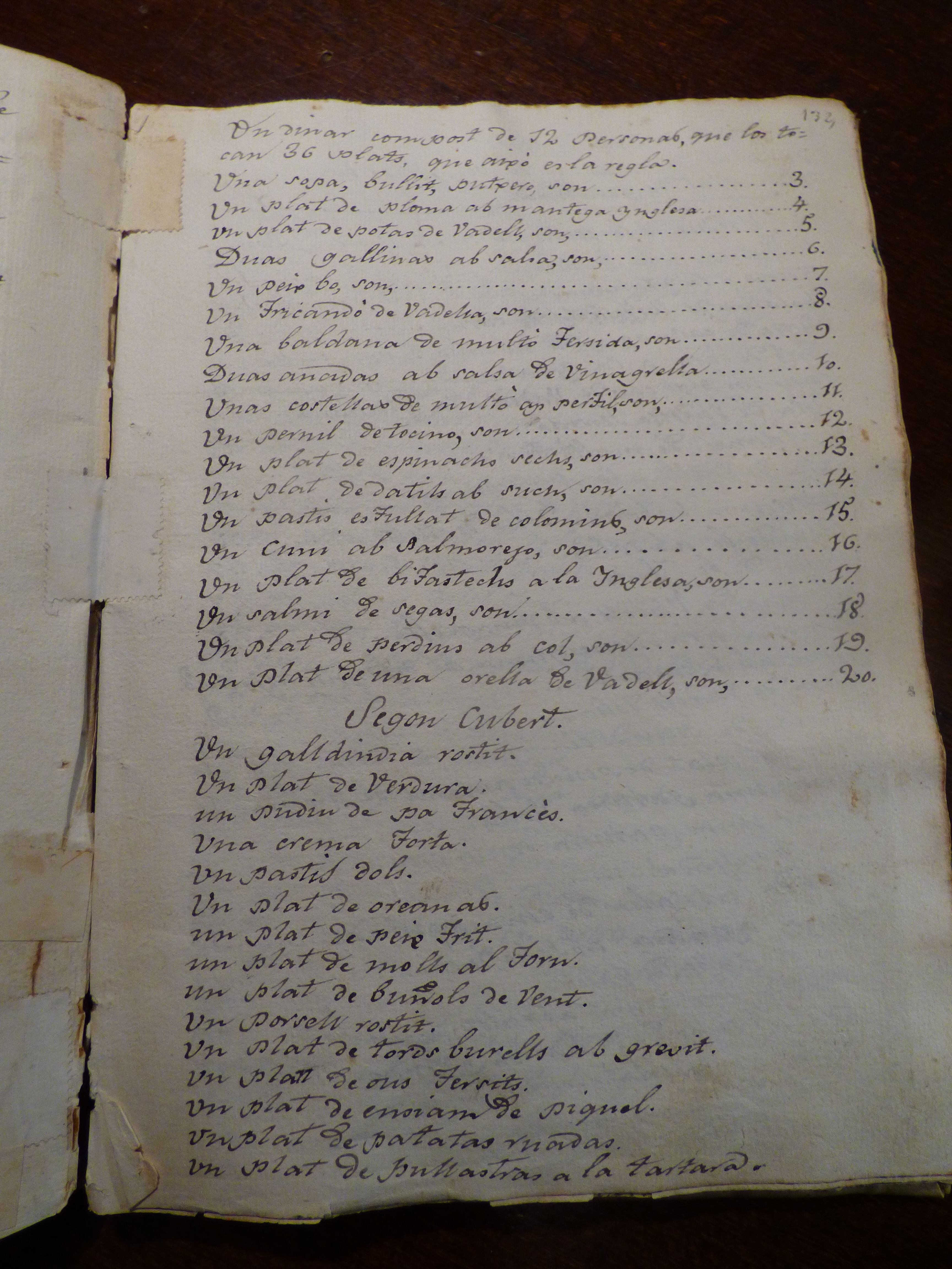 Manuscrito del menú del banquete celebrado el 21 de abril de 1756 en honor de Richelieu.
