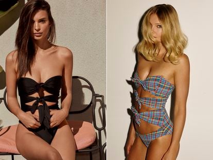 A la izquierda bañador comercializado por la marca de bañadores de la modelo Emily Ratajkowski, a la derecha el modelo original de Lisa Marie Fernández.