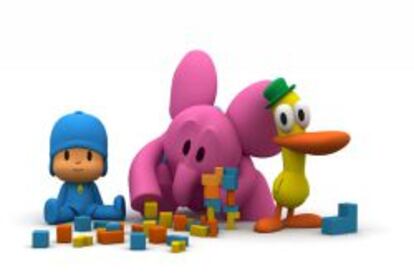 Pocoyó, Elly y Pato, protagonistas de la serie, jugando a las construcciones.