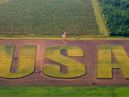 Un campo de trigo en el Estado de Nueva York con las siglas USA en recuerdo de 11-S.