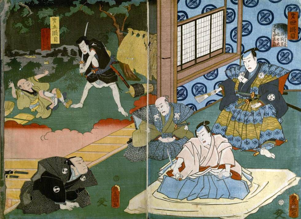 Asano Naganori se suicida por 'seppuku' tras atacar al maestro de ceremonias Kira en el palacio del sogún.