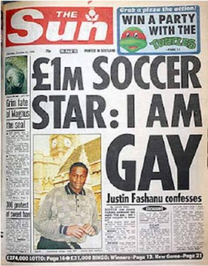 La portada del tabloide británico 'The Sun' en la que Justin Fashanu contaba que era gay.