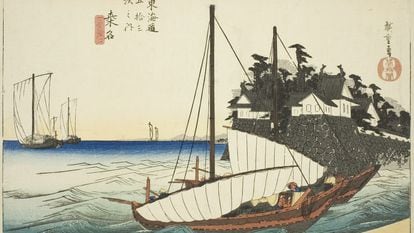 'El desembarco del ferry Shichiri'. Grabado de la serie "Cincuenta y tres estaciones del Tokaido " (1828-1839). Utagawa Hiroshige.