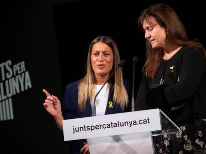 Míriam Nogueras y Laura Borràs, candidatas de Junts per Catalunya, en el acto de ayer.