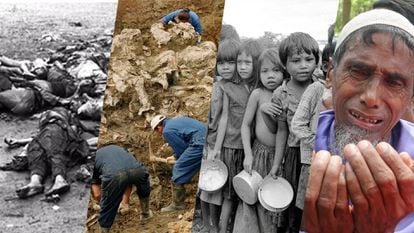 Fotomontaje de los genocidios en Ruanda, Srebrenica, Camboya y Myanmar.