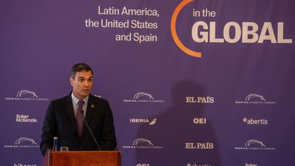 El presidente del Gobierno, Pedro Sánchez, durante su intervención en el foro global económico entre Estados Unidos, Latinoamérica y España en Nueva York, el miércoles.