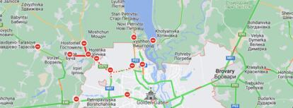 A las 10 de la mañana del sábado (CET) todos los accesos del noroeste de la ciudad están bloqueados. | Herramienta de monitoreo de tráfico de Googlemaps