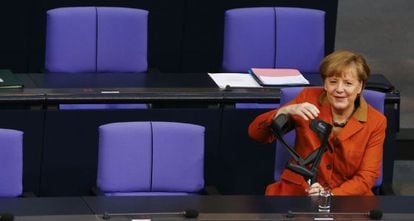 Angela Merkel, a su llegada hoy en el Bundestag.