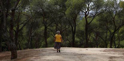 Una mujer pasea por el parque de la Dehesa de la Villa.