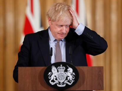 Britain's Prime Minister Boris Johnson reacts during a press conference at Downing Street on the government's coronavirus action plan in London on March 3, 2020.