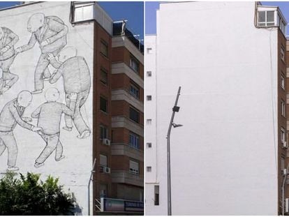 A la izquierda aparece el mural del artista italiano Blu edificio de la calle de Eugenio Caxes y, a la derecha, tal y como está el muro en la actualidad.