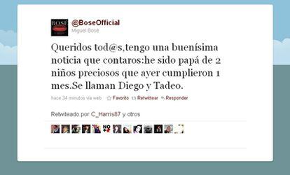 El mensaje de Twitter con el que Miguel Bosé anuncia que ha sido padre.
