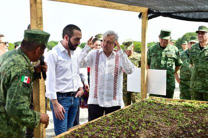 El presidente de México, Andrés Manuel López Obrador, y su homólogo salvadoreño, Nayib Bukele, en la presentación del programa Sembrando Vida en Chiapas, el año pasado.