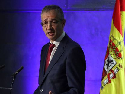 El gobernador del Banco de España, Pablo Hernández de Cos, en el X Encuentro del Sector Financiero este lunes en Madrid. EFE/J.J. Guillén