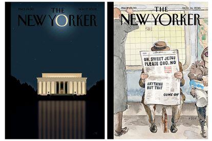A la izquierda, la portada de la revista New Yorker publicada luego de que el demócrata Barack Obama ganara la elección presidencial de 2008. A la derecha, la portada publicada luego del triunfo de Donald Trump en 2016.